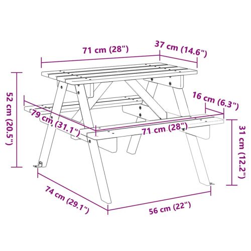 Пикник маса за 4 деца, с отвор за чадър, чамова дървесина масив