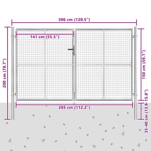 Градинска врата, поцинкована стомана, 306x200 см, сребриста