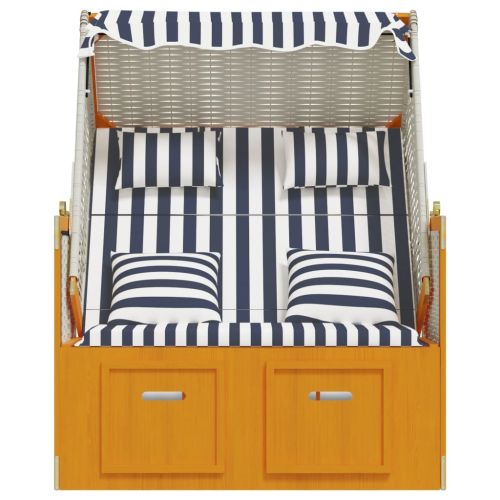 Strandkorb с възглавници, полиратан и дърво масив, бяло и синьо