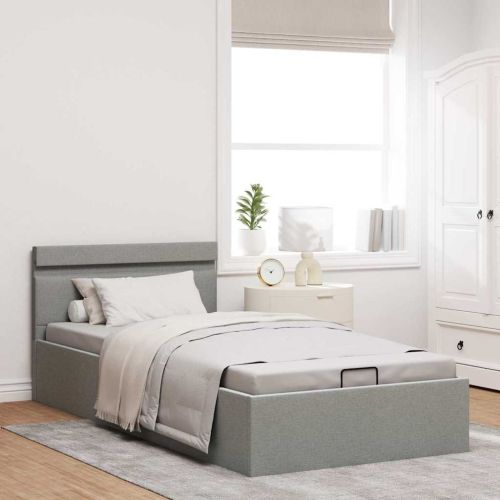 Легло с повдигащ механизъм и LED светлосиво текстил 100x200 см