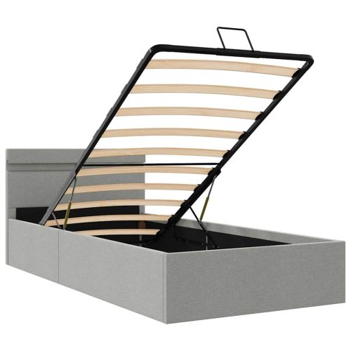 Легло с повдигащ механизъм и LED светлосиво текстил 100x200 см