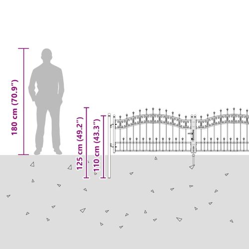 Оградна порта с капак тип „копие“, черна, 302x78 см, прахово боядисана стомана