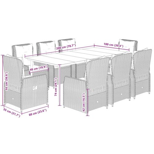 Градински трапезен комплект 9 части с възглавници сив полиратан