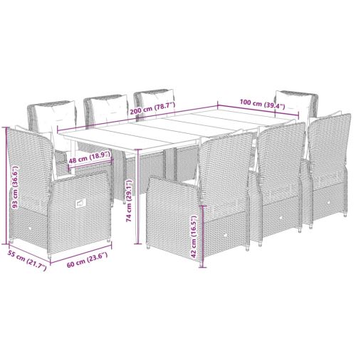 Градински комплект с възглавници, 9 части, бежов полиратан