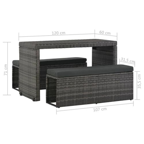 Градински комплект с възглавници, 3 части, полиратан, сив