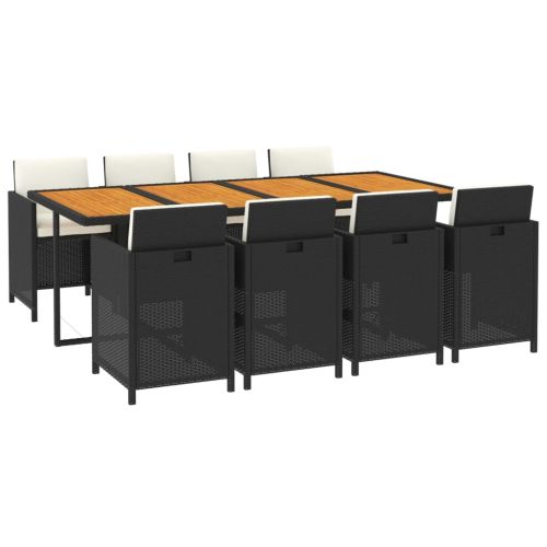 Градински трапезен комплект възглавници 9 части полиратан черен