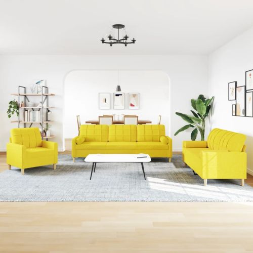 Комплект дивани 3 бр с декоративни възглавници светложълт плат