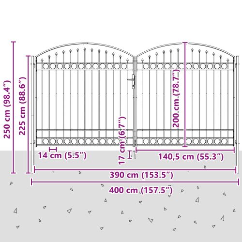 Врата за ограда с заключване Сив 301 x 224.5 см Стомана