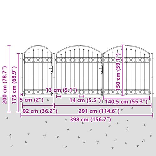 Врата за ограда с аркиран връх Assen Сив 400 x 100 cm Стомана