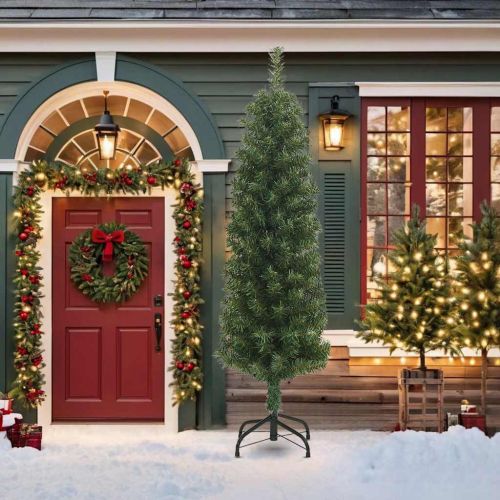 Тънка изкуствена коледна елха със стойка, зелена, 210 см, PVC