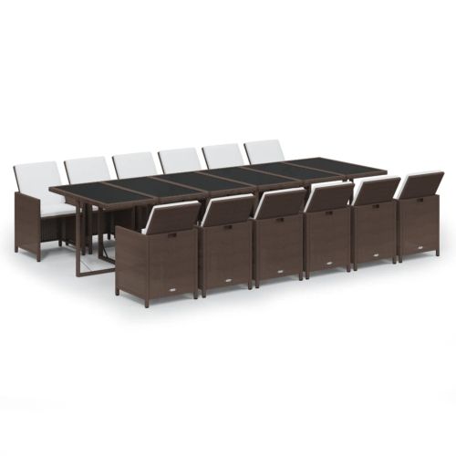 Градински комплект с възглавници, 13 части, полиратан, кафяв