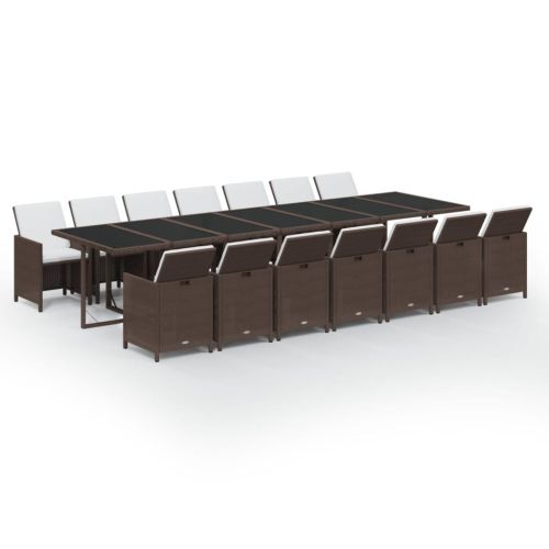 Градински комплект с възглавници, 15 части, полиратан, кафяв