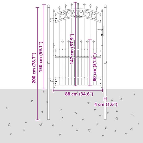 Оградна врата с шипове Черно 100 x 200 cm