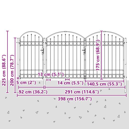 Врата за ограда с аркиран връх Assen Сив 400 x 125 cm Стомана