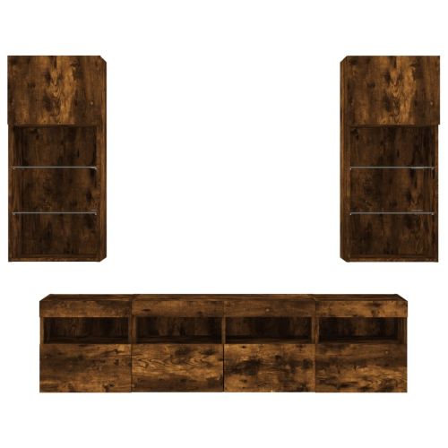 ТВ стенни модули с LED, 5 части, опушен дъб, инженерно дърво