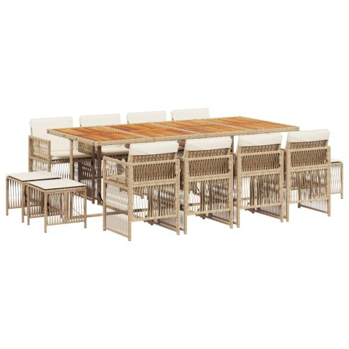 Градински комплект с възглавници, 13 части, бежов полиратан