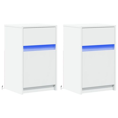 Нощни шкафчета с LED, 2 бр, бяло, инженерна дървесина