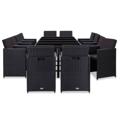 Градински комплект с възглавници, 13 части, полиратан, черен