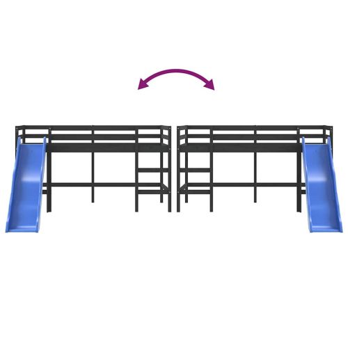 Детско високо легло с пързалка, черно, 80x200 см, бор масив