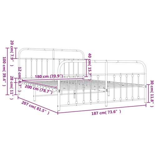 Метална рамка за легло с горна и долна табла, бяла, 180x200 см