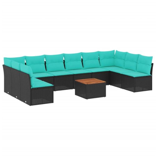 Градински комплект диван с възглавници 11 части черен полиратан