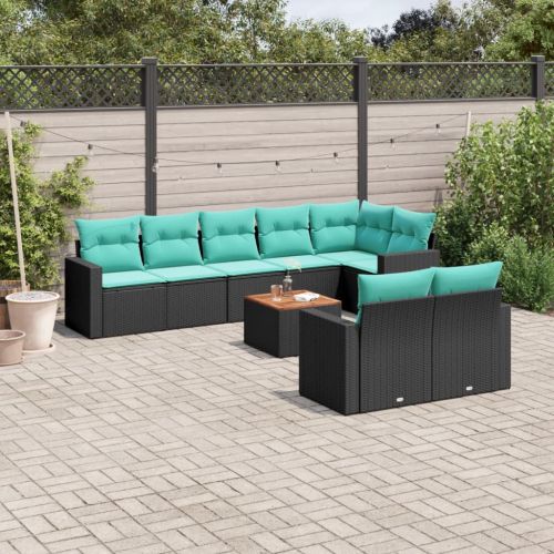 Градински комплект диван с възглавници 9 части черен полиратан