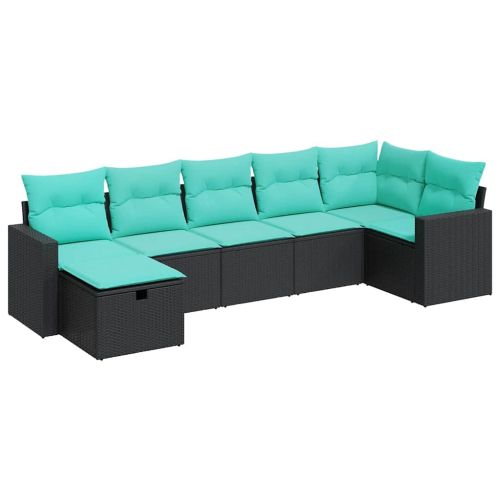 Градински комплект диван с възглавници 7 части черен полиратан