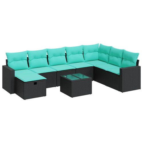 Градински комплект диван с възглавници 9 части черен полиратан
