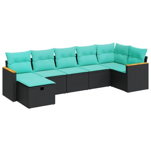 Градински комплект диван с възглавници 7 части черен полиратан