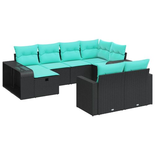 Градински комплект диван с възглавници 10 части черен полиратан