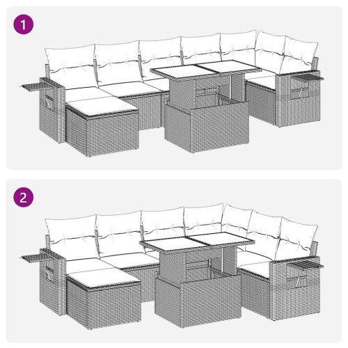 Градински диван с възглавници, 8 части, черен полиратан, акация