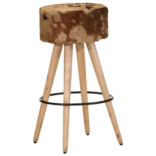 Бар табуретки 2 бр кафяви грубо мангово дърво и естествена кожа