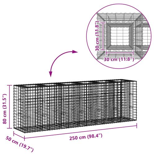 Габиона повдигнато легло 2 pcs Сребрист 250 x 50 x 80 см