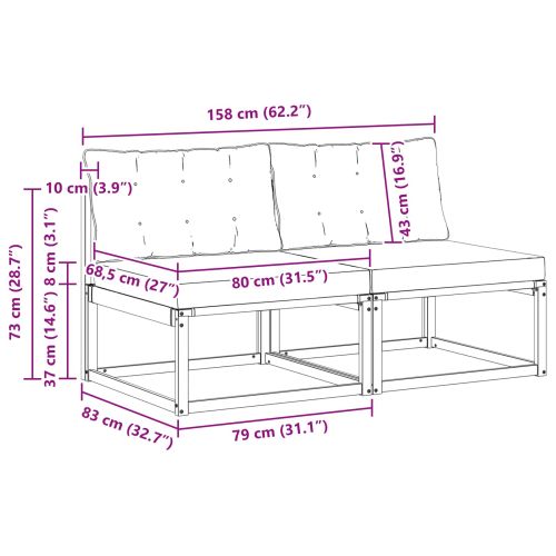 2 Брой Среден диван за открито Солидно акациево дърво Естествен