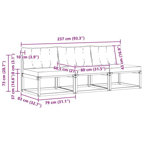 3 Брой Среден диван за открито Солидно акациево дърво Естествен