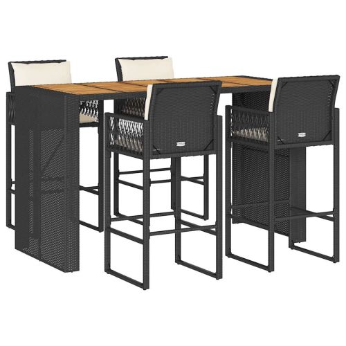 Градински бар комплект с възглавници 5 части черен полиратан