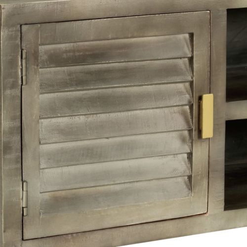 ТВ шкаф, масивно мангово дърво, сиво с месинг, 110x30x48 см