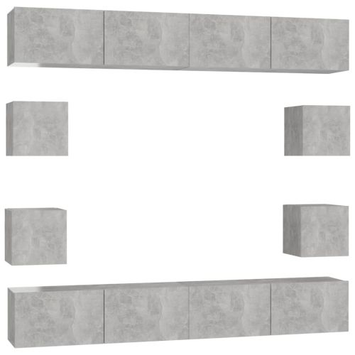 Комплект ТВ шкафове от 8 части, бетонно сиви, инженерно дърво