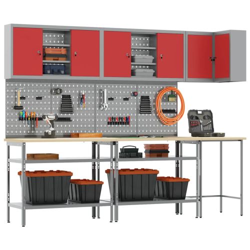 Комплект работни шкафове с рафт 10 pcs Червен и сив