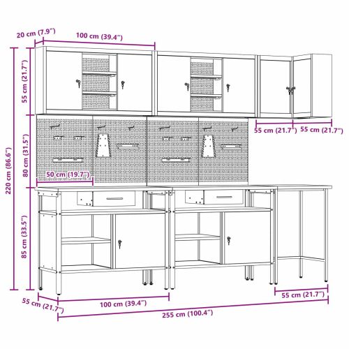 Комплект работни шкафове с чекмедже с рафт 10 pcs Червен и сив