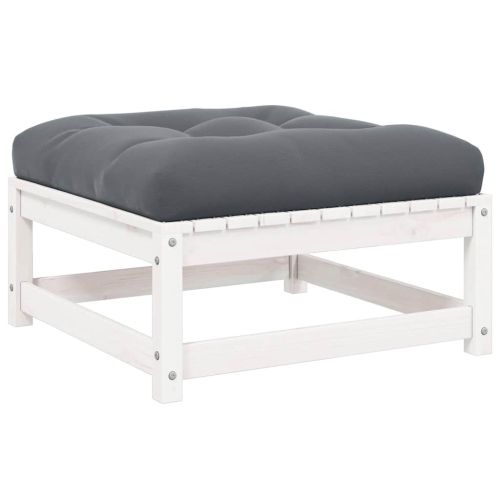 Градинска табуретка с възглавница, бяла, борова дървесина масив