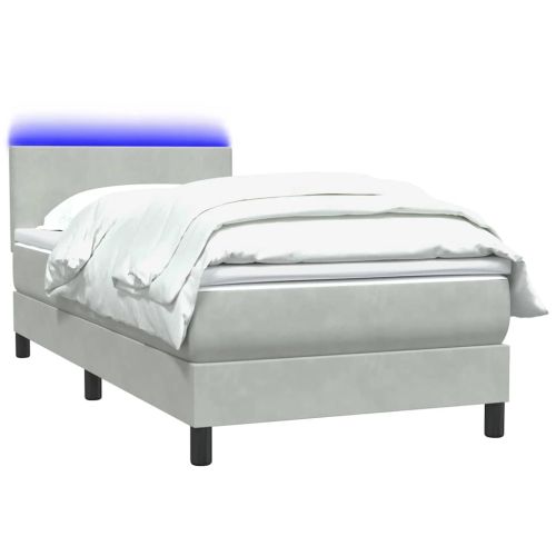 Боксспринг легло с матрак и LED, светлосиво, 90x210 см, кадифе