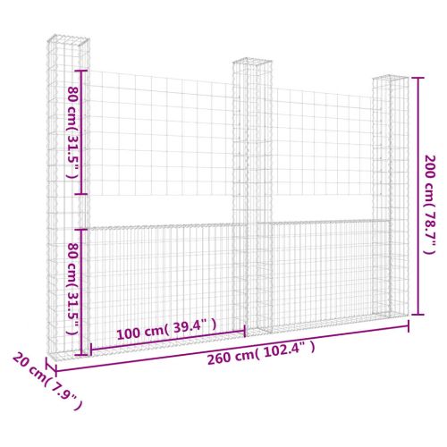 U-образна габионна кошница с 3 стълба, желязо, 260x20x200 см
