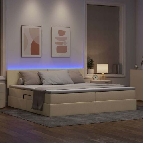 Легло с място за съхранение и LED Кремав 200 x 200 cm текстил