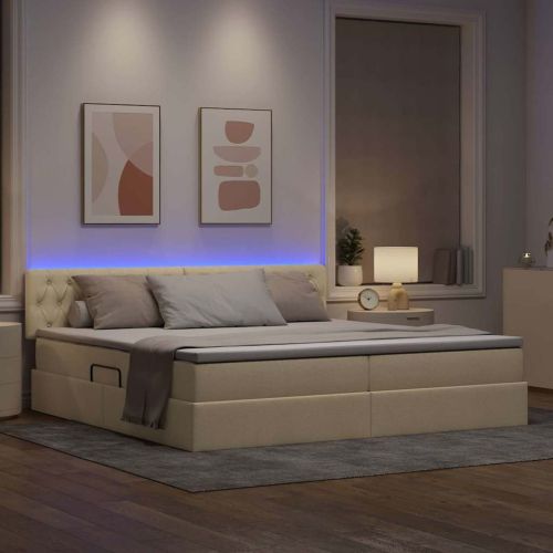 Легло с място за съхранение и LED Кремав 200 x 200 cm текстил