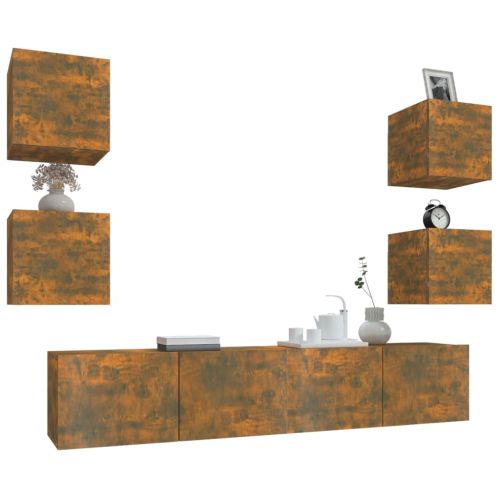 Комплект ТВ шкафове от 6 части, опушен дъб, инженерно дърво