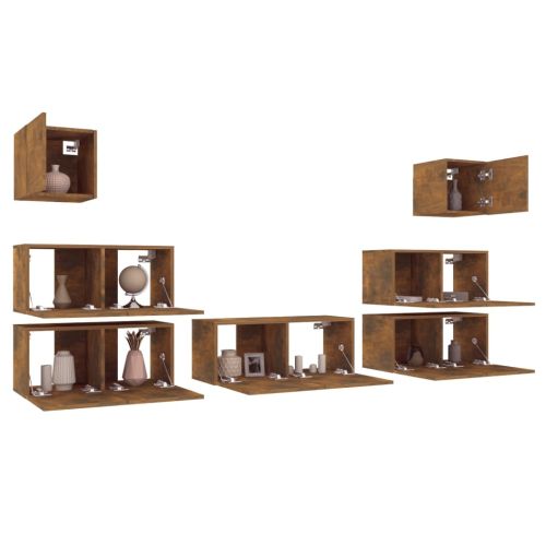 Комплект ТВ шкафове от 7 части, опушен дъб, инженерно дърво