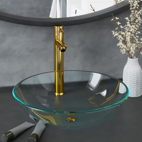 Мивка за баня с кран и сифон, прозрачно закалено стъкло