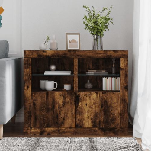 Странични шкафчета с LED, 2 бр, Опушен дъб, инженерно дърво