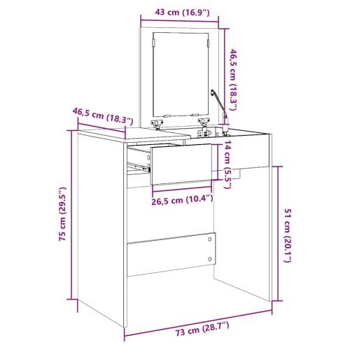 Тоалетка с огледало, бяла, 73x46,5x120 см